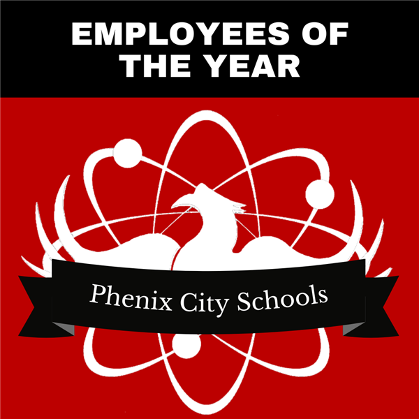 it reads employee of the year followed by the phenix city schools logo 